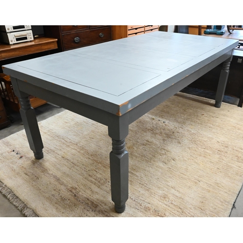 404 - A rectangular dining table with panelled top on turned legs with two-tone grey paint finish, 200 cm ... 