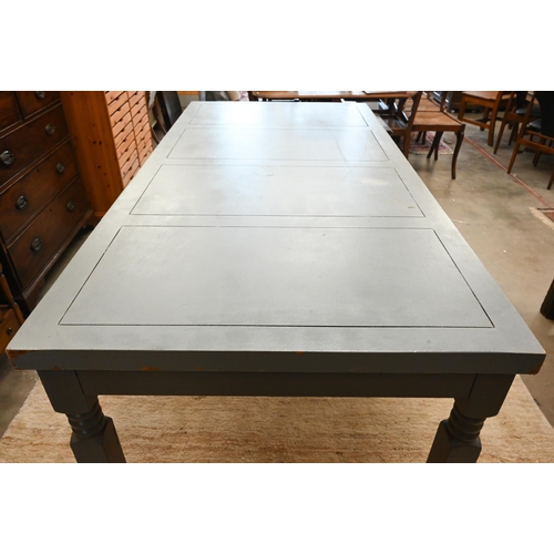 404 - A rectangular dining table with panelled top on turned legs with two-tone grey paint finish, 200 cm ... 