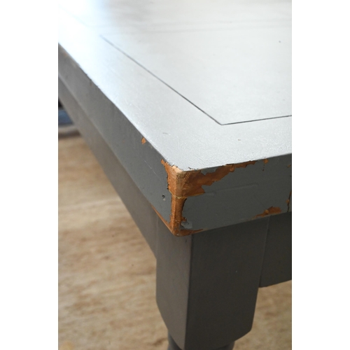 404 - A rectangular dining table with panelled top on turned legs with two-tone grey paint finish, 200 cm ... 