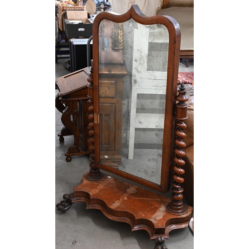 405 - A 19th century mahogany framed cheval mirror with bevelled plate and barley twist supports and shape... 