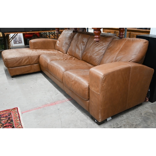 411 - A tan leather left-hand facing corner group sofa, 275 cm wide x 80 cm high x 90 cm deep x 148 cm dee... 