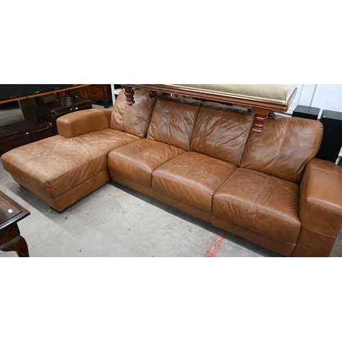 411 - A tan leather left-hand facing corner group sofa, 275 cm wide x 80 cm high x 90 cm deep x 148 cm dee... 