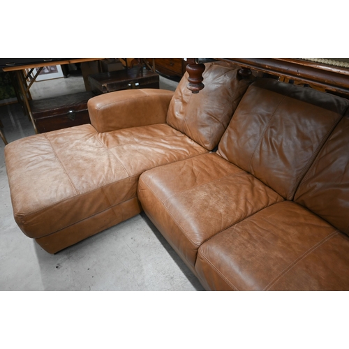 411 - A tan leather left-hand facing corner group sofa, 275 cm wide x 80 cm high x 90 cm deep x 148 cm dee... 