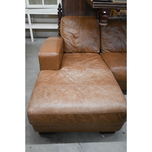 411 - A tan leather left-hand facing corner group sofa, 275 cm wide x 80 cm high x 90 cm deep x 148 cm dee... 