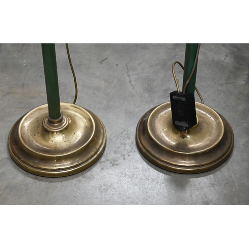 416 - A pair of brass simulated verdigris standard lamps with translucent white glass conical shades (1, a... 