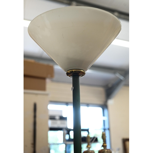 416 - A pair of brass simulated verdigris standard lamps with translucent white glass conical shades (1, a... 