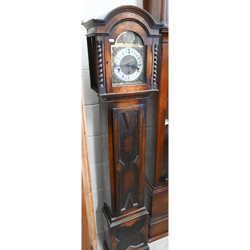 418 - An oak shortcase clock with geometric panelled case, brass dial and triple train movement, Westminst... 