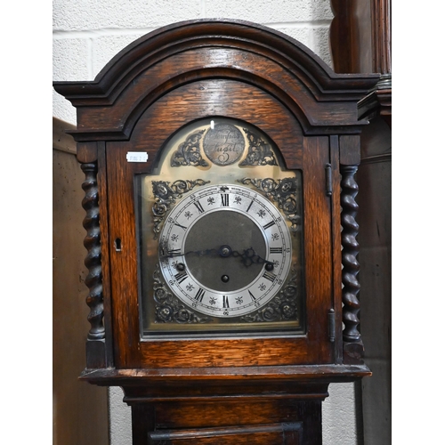 418 - An oak shortcase clock with geometric panelled case, brass dial and triple train movement, Westminst... 