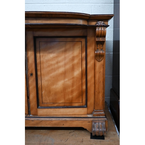 423 - A 19th century satin birch bowfront two door cabinet, replaced top, 105 cm wide x 52 cm deep x 72 cm... 