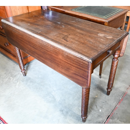 426 - # A 19th century mahogany Pembroke table with end drawer raised on spiral reeded supports