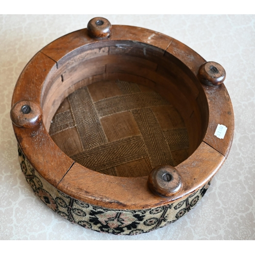 440 - A mahogany framed circular footstool with studded foliate upholstery, 36 cm dia.