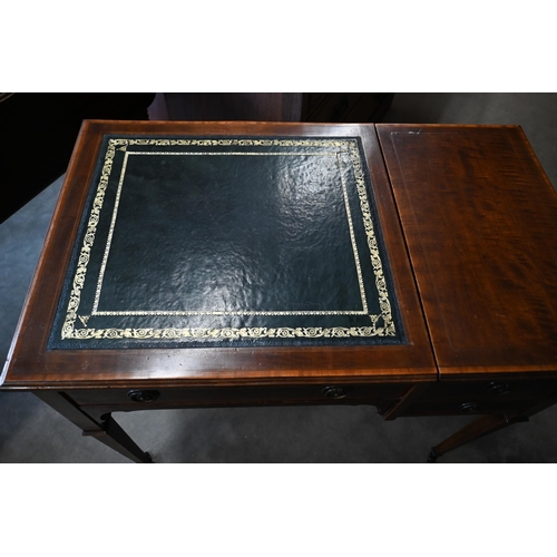 441 - An Edwardian walnut crossbanded desk with gilt tooled green leather top and hinged panel enclosing f... 