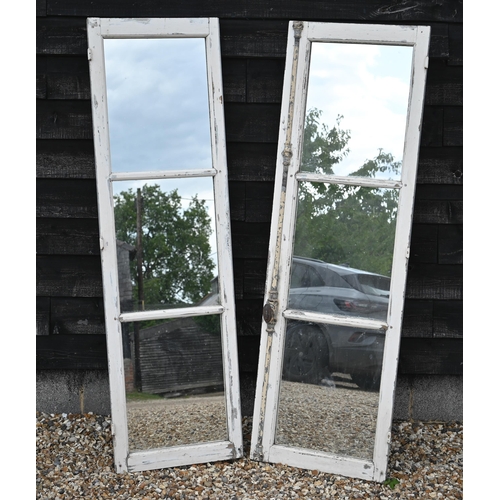 451 - A pair of vintage reclaimed French chateau three pane hardwood windows, in remnants of original pain... 