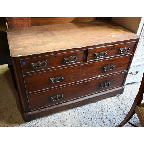 456 - # An antique walnut chest of two short over two long graduated drawers on a plinth base, lacking top... 