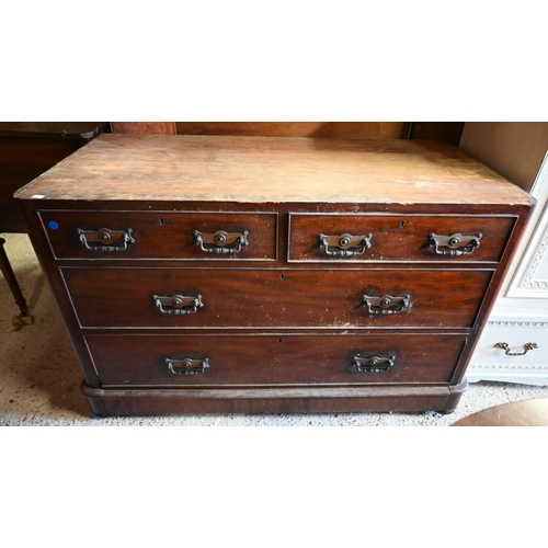 456 - # An antique walnut chest of two short over two long graduated drawers on a plinth base, lacking top... 