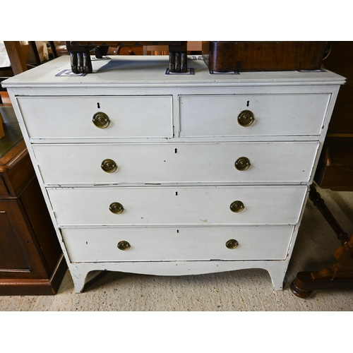 458 - An antique (later white painted) oak chest of two short over three long graduated drawers, on shaped... 