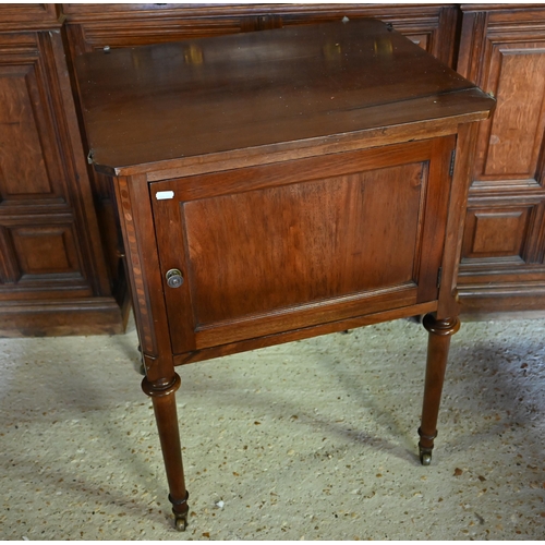 459 - An old red walnut single door cabinet raised on turned legs to brass castors to/w a two tier night s... 