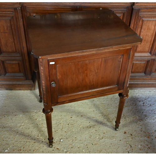 459 - An old red walnut single door cabinet raised on turned legs to brass castors to/w a two tier night s... 