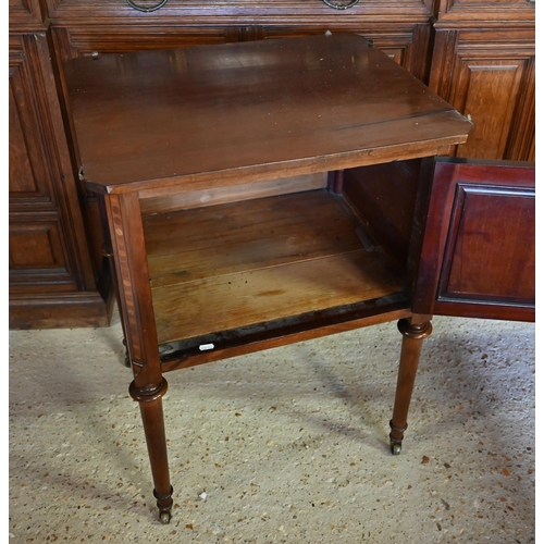 459 - An old red walnut single door cabinet raised on turned legs to brass castors to/w a two tier night s... 