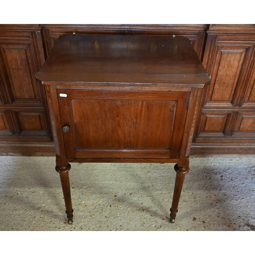 459 - An old red walnut single door cabinet raised on turned legs to brass castors to/w a two tier night s... 