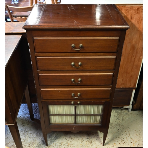 460 - # An Edwardian red walnut part glazed music cabinet with four drawers raised on slender turned legs,... 