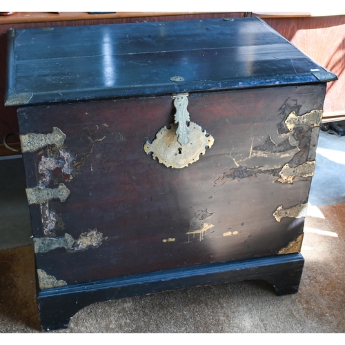 461 - Antique Japanese lacquered hardwood and brass bound wedding chest gilded with traditional landscapes... 