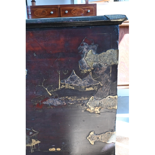 461 - Antique Japanese lacquered hardwood and brass bound wedding chest gilded with traditional landscapes... 