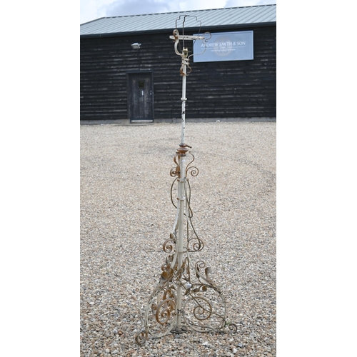 468 - # An antique rise and fall wrought iron oil lamp stand (converted to electricity)