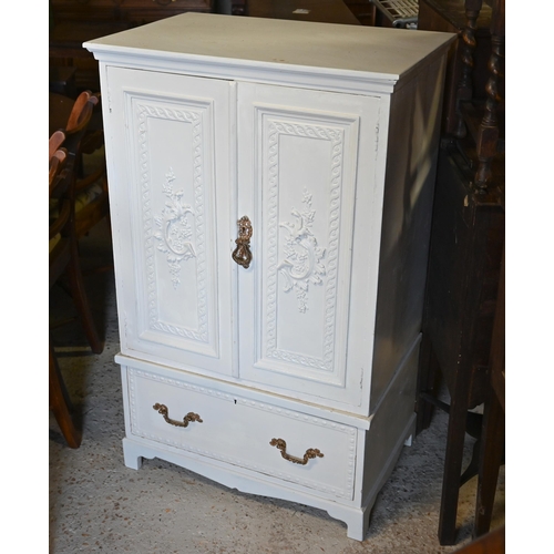 471 - An old white painted twin door cabinet over base drawer on shaped bracket feet, 71 x 47 x 115 cm h