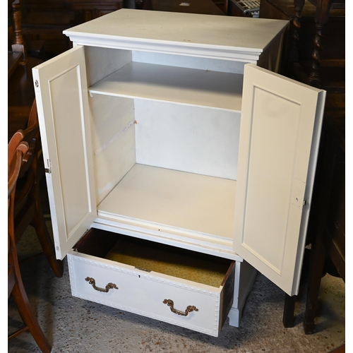 471 - An old white painted twin door cabinet over base drawer on shaped bracket feet, 71 x 47 x 115 cm h