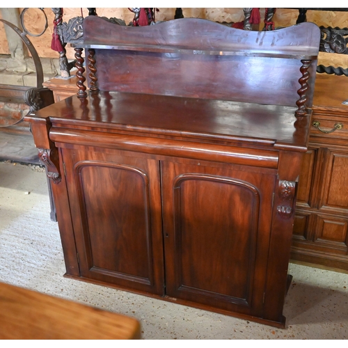 472 - A Victorian mahogany chiffonier with stageback top over a drawer and pair of cabinet doors, 119 x 49... 