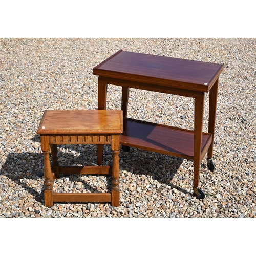 473 - Mid-century two-tier teak serving trolley with folding top to/w an oak joint stool (2)