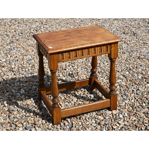 473 - Mid-century two-tier teak serving trolley with folding top to/w an oak joint stool (2)