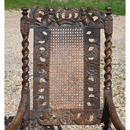 475 - # An antique carved walnut cane panelled carver to/w a pair of similar side chairs in the Carolean s... 