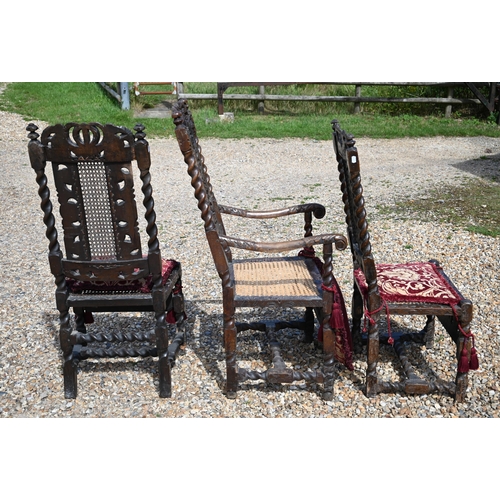 475 - # An antique carved walnut cane panelled carver to/w a pair of similar side chairs in the Carolean s... 