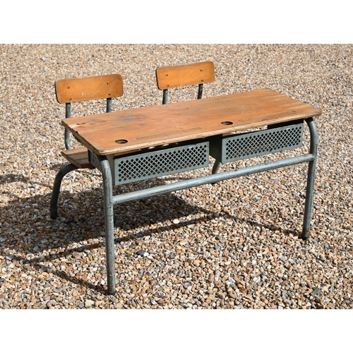 482 - A mid-century steel framed ply top double child's school desk with integrated chairs a/f