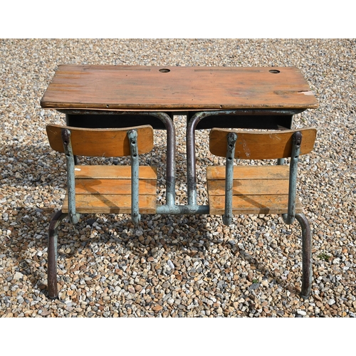 482 - A mid-century steel framed ply top double child's school desk with integrated chairs a/f