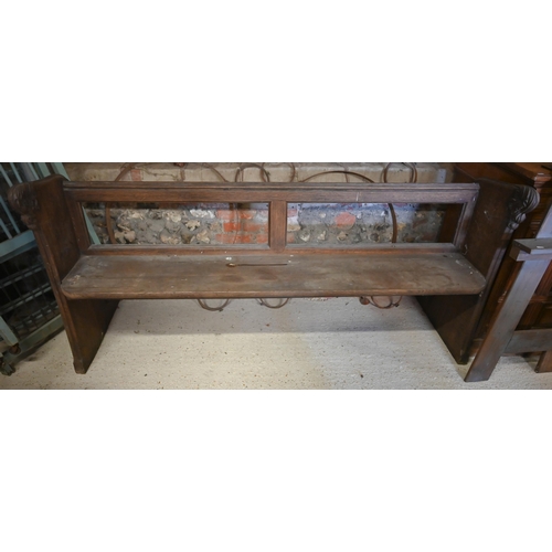 493 - A Victorian part carved oak church pew with bible rack to verso - for alteration, 187 x 50 x 89 cm h... 