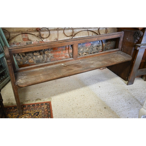 493 - A Victorian part carved oak church pew with bible rack to verso - for alteration, 187 x 50 x 89 cm h... 