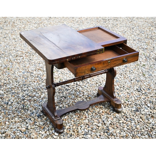 497 - A Victorian mahogany fold over chequerboard top games table, with frieze drawer raised on shaped tre... 