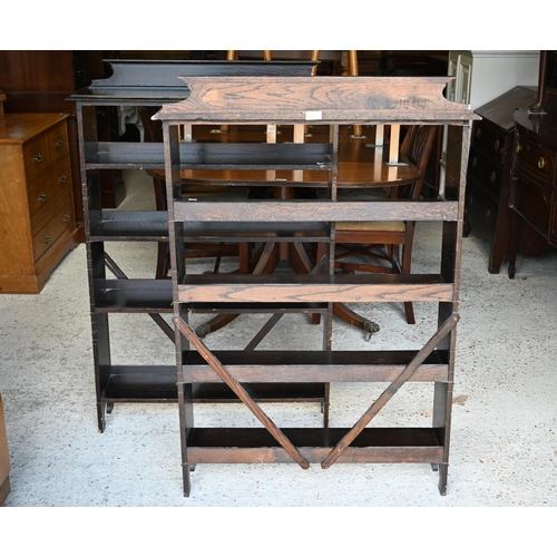 498 - A pair of stained beech open bookcases, Denby & Spinks, 24 x 124 cm o/a (2)