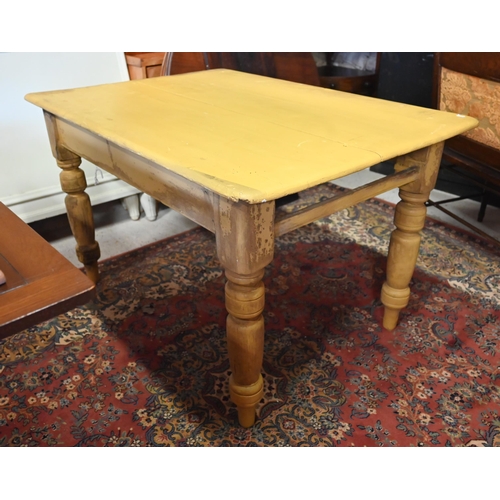 512 - # A painted pine scullery table raised on turned legs, 122 x 90 x 76 cm h