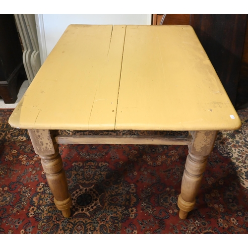 512 - # A painted pine scullery table raised on turned legs, 122 x 90 x 76 cm h