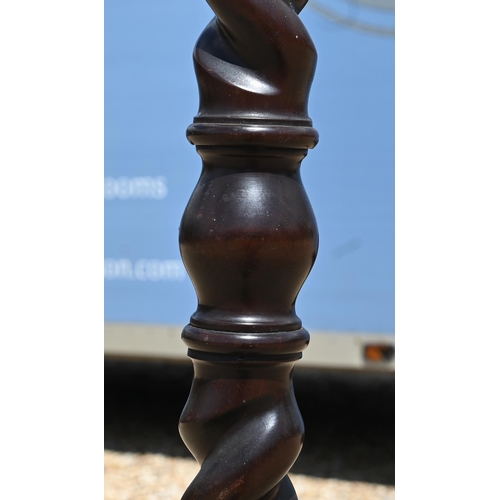 524 - An old hardwood barley twist standard lamp base with floral shade - a/f