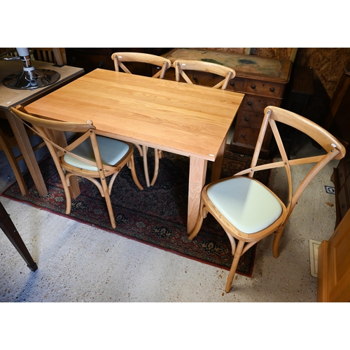 80 - An oak table on square legs, 120 cm x 80 cm x 76 cm h to/with a set of four JB Global Thonet style b... 