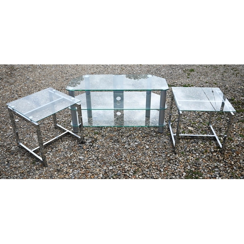 98 - A modern glass TV table/counter to/with a pair of glass top chrome framed tables (3)