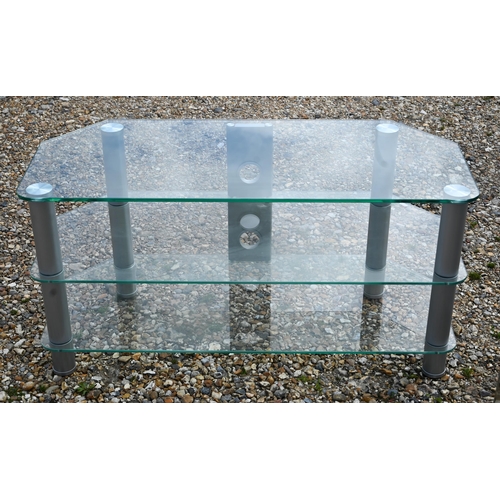 98 - A modern glass TV table/counter to/with a pair of glass top chrome framed tables (3)