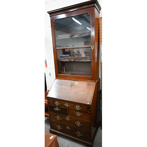 334 - A Georgian mahogany fall front bureau with five drawers and associated glazed bookcase top 80 cm w x... 