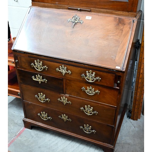 334 - A Georgian mahogany fall front bureau with five drawers and associated glazed bookcase top 80 cm w x... 