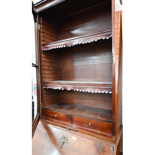 334 - A Georgian mahogany fall front bureau with five drawers and associated glazed bookcase top 80 cm w x... 